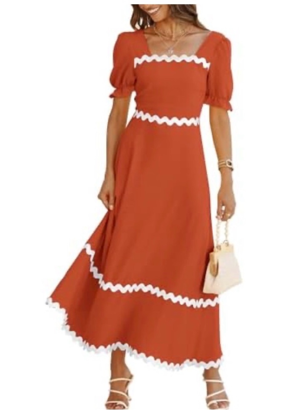 BTFBM Square Neck Short Puff Sleeve Smocked Back RickRack Trim Dress- Brick Red